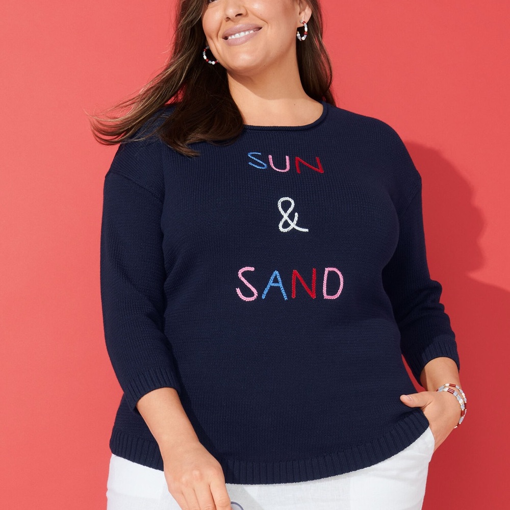 Talbots Navy Sweater with Colorful 'Sun & Sand' Design